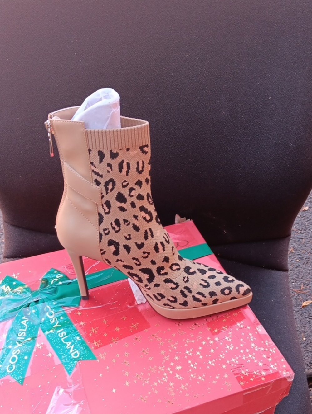 Leopard Knit Tan Stiletto Ankle Bootie